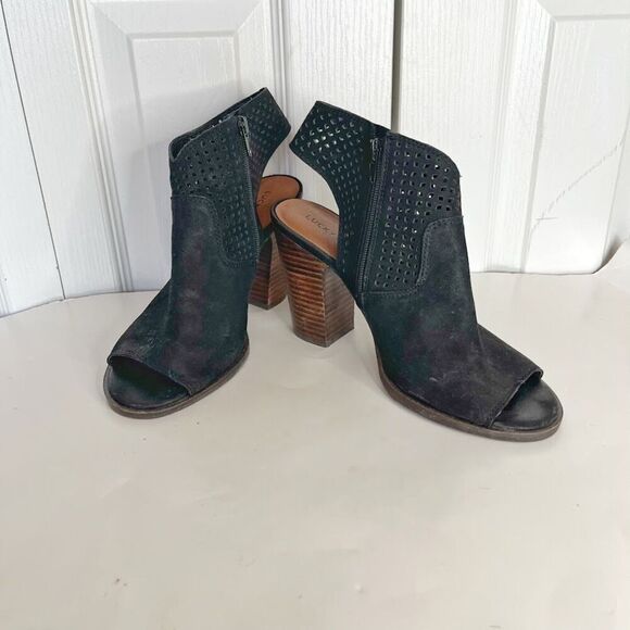 Lucky Brand Lizara Perforated Peep Toe Block Heel Bootie Sandal - Picture 2 of 13